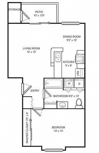 Floor plan for 1 bed, 1 bath, 669 sqft